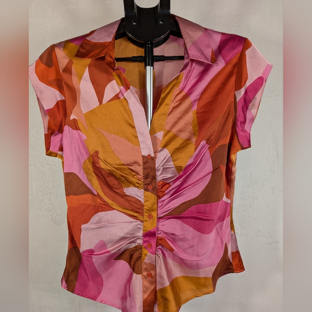 Women’s Abstract Print Ruched Button-Front Top - Pink & Orange
